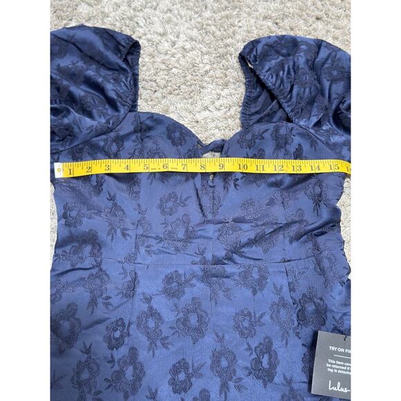 NWT Lulus Dress Women’s L Blue Floral Jacquard Lace Up Back Puff Sleeve Ruffle - Picture 10 of 13
